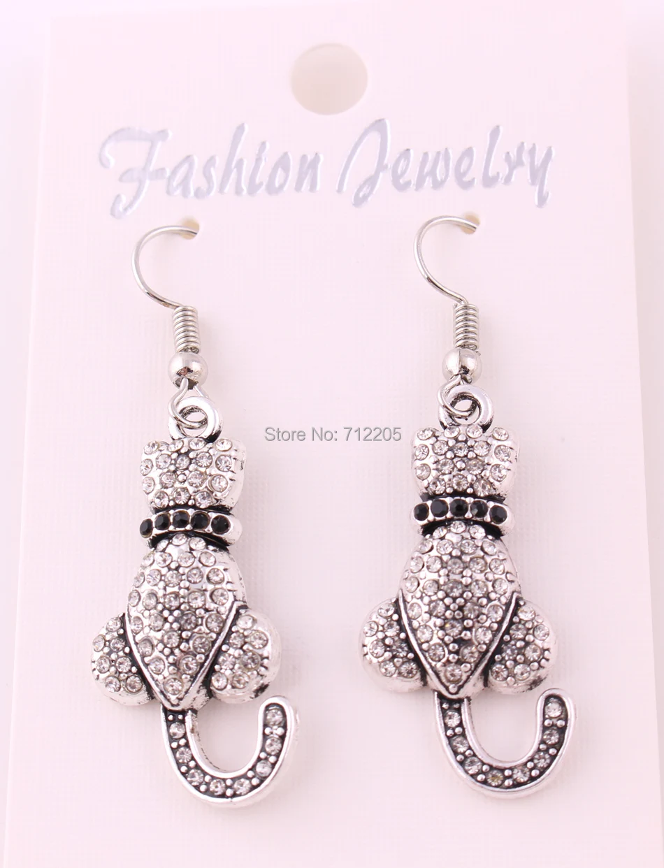 17mm*33mm Antique silver plated zinc studded with sparkling crystals Love Cat pendant Drop Earrings | Украшения и аксессуары