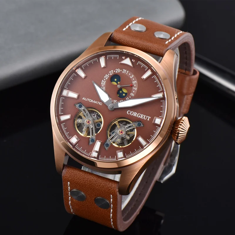 Corgeut 46mm Mens Automatic Watch Coffee PVD Case Luminous Dial WristWatch Date Function Flywheel Mechanical Watches CA3023CC | Наручные