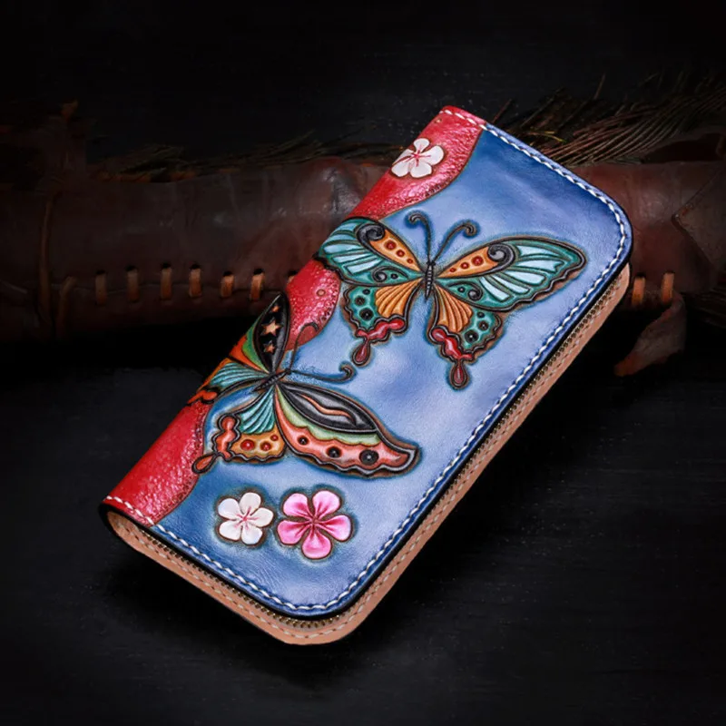 

Women Wallets Carving Chinese ancient beauty Diao Chan Knitting Zipper Bag Purses Ladies Clutch Vegetable Tanned Leather Wallet