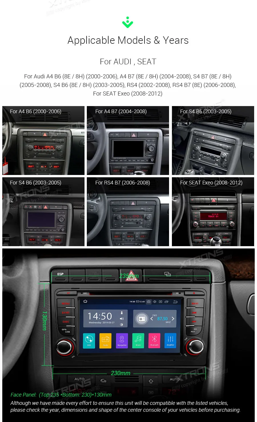 XTRONS " Android 9,0 автомобильный Радио dvd-плеер для Audi A4 S4 RS4 2002 2003 2004 2005-2008 SEAT Exeo gps навигация DAB OBD wifi FM