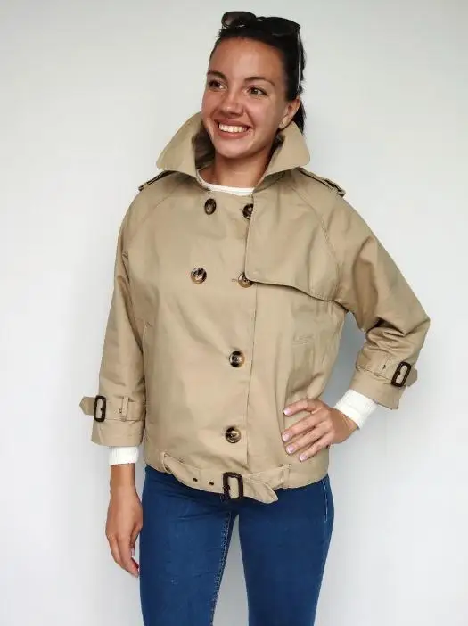khaki color Корейская версия Весна и осень чистый цвет талии двубортное пальто женщина леди ветровка - Цвет: khaki color
