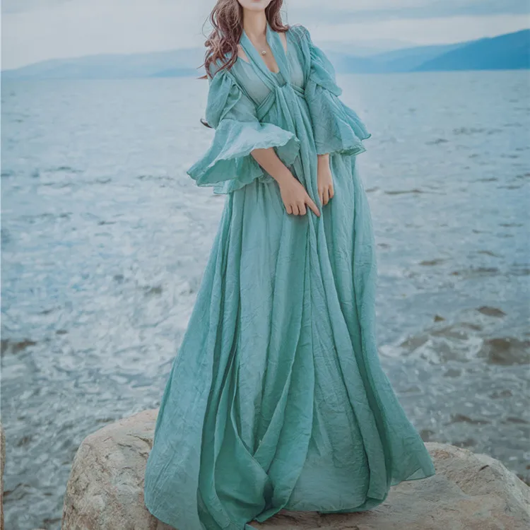 

Lantern Sleeve Cotton And Linen Artistic Women Dress Ethnic Style Vintage Chic Long Floor-length Mori Girl Elegant Dresses