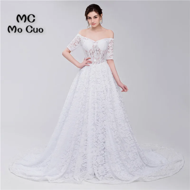 Элегантное кружевное свадебное платье 2019 с короткими рукавами v-образным вырезом