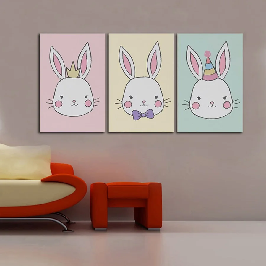 

Nordic Simple Cartoon White Rabbit Animal Triptych Canvas Painting Unframed Wall Art Poster and Prints Children Room Decoration