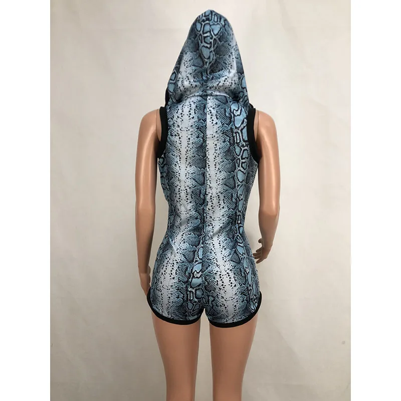 

Echoine Sexy Bodysuit Snake Print Sleeveless Hollow Out Open Up One Piece Jumpsuit Short Rompers Women Clothes 2019