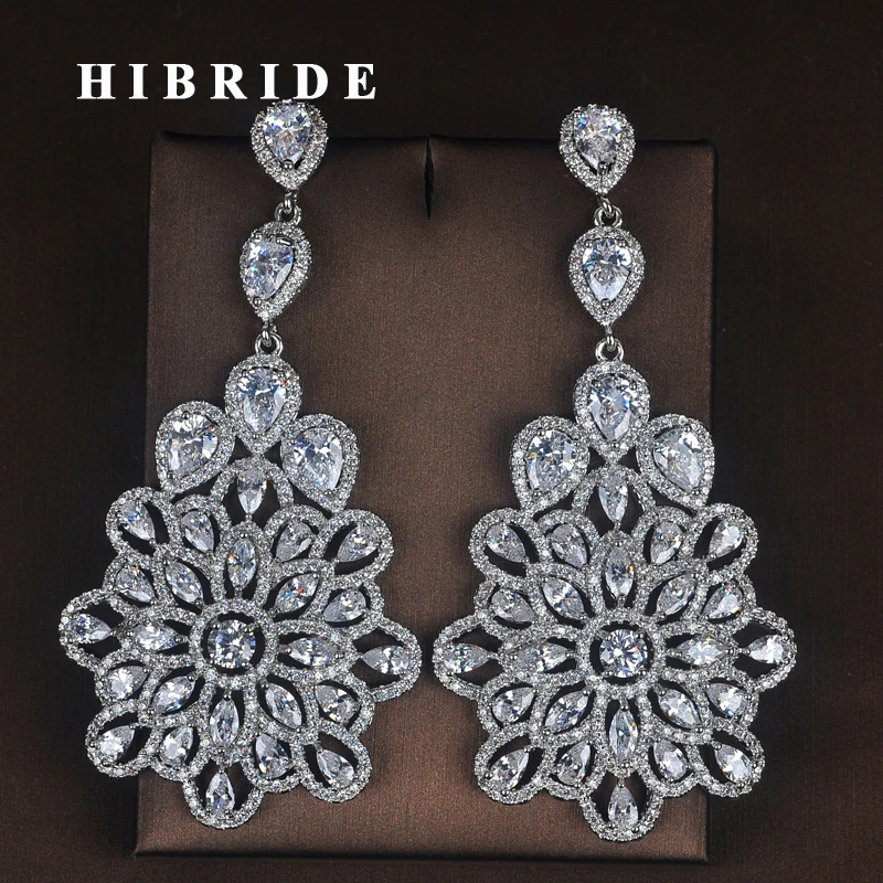 

HIBRIDE Luxury Big Flower Design Women Bride Long Drop Earrings Fashion Jewelry Pendientes mujer moda Brinco Party Gifts E-722