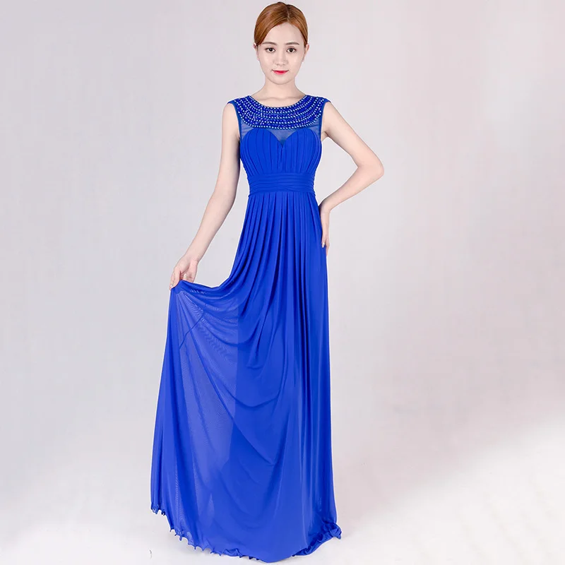 Синее Сетчатое платье без рукавов с О-образным вырезом длинное прямое