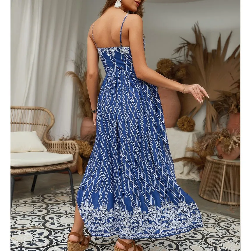 Женское платье с принтом Boho кружевное пляжное на тонких бретельках платье-макси