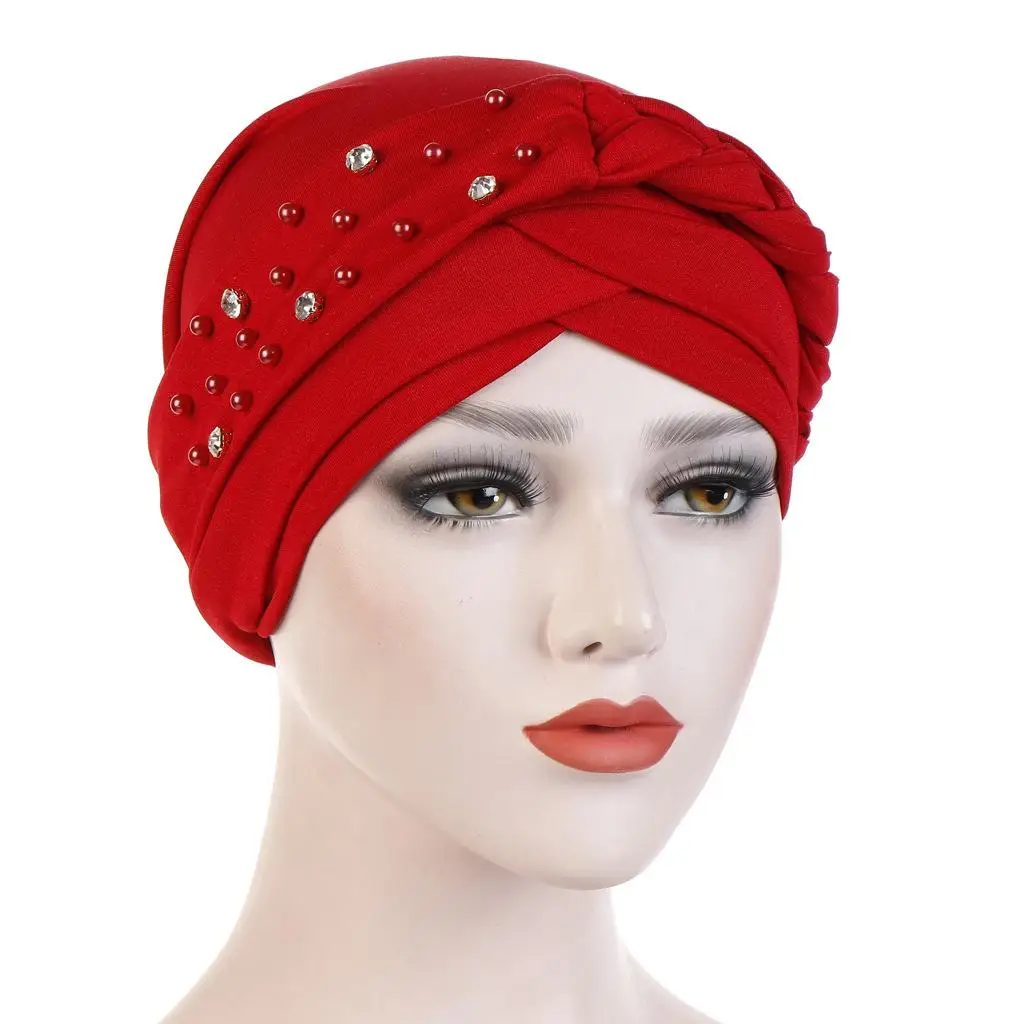 Red Мусульманская женская коса шляпа бини Skullies Бисероплетение Рак Кепка chemo тюрбан, головной платок обертывание исламский арабский капот выпадение волос шляпа Мода - Цвет: Red