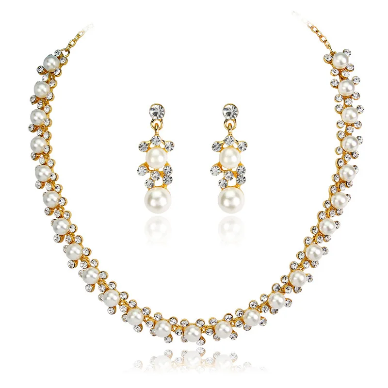 Elegant Simulated Pearl Earrings Necklace Set for Women Wedding Jewelry Sets Vintage Crystal Gorgeous Bridal Party F | Украшения и