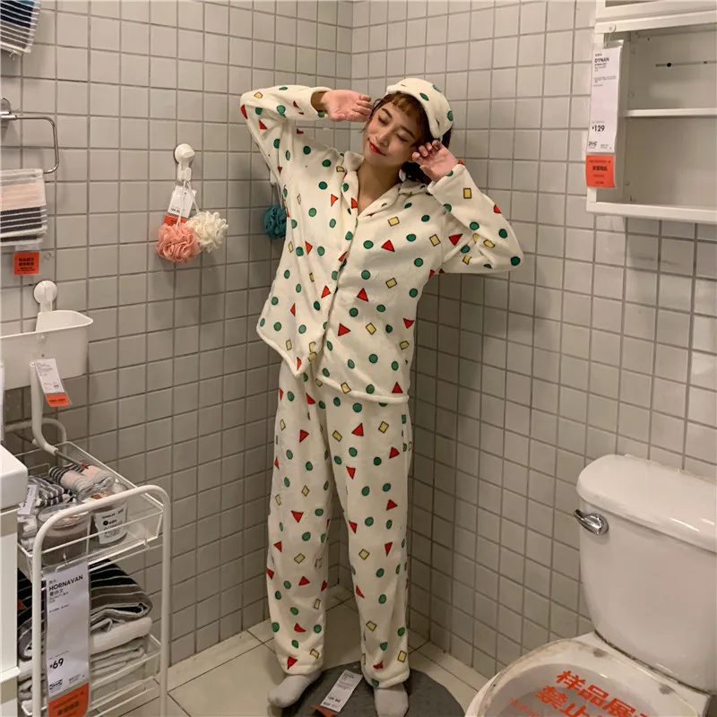 Пижамные комплекты для женщин с геометрическим принтом Kawaii, зимняя теплая фланелевая Женская домашняя одежда с длинным рукавом, комплект из двух предметов, милая Пижама, Новинка