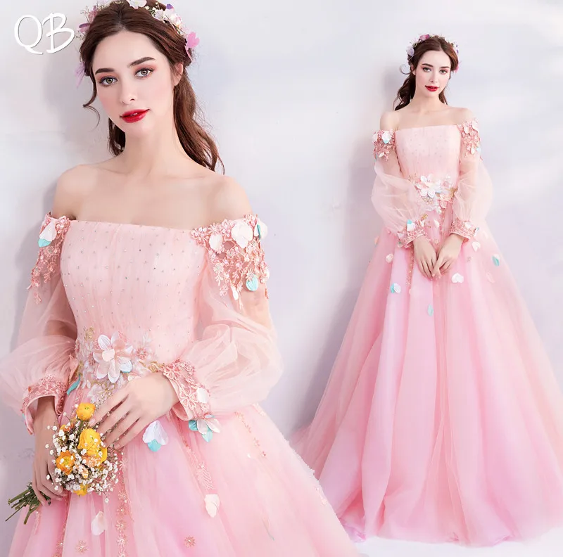 

Pink A-line Long Sleeve Tulle Lace Appliques Elegant Formal Evening Dresses 2020 New Fashion Bride Party Prom Dress XK205
