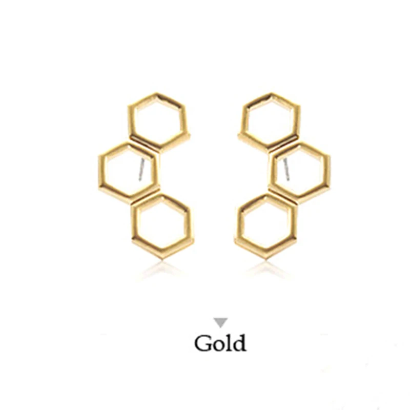 

3 Hollow Golden Hexagon Combination Honeycomb Hive Stud Earrings piercing Jewelry for Women