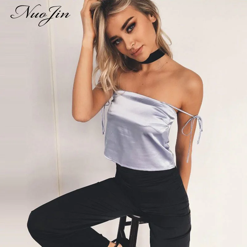 NuoJin/укороченный топ со шнуровкой Женский Атласный с открытыми плечами Camis черная