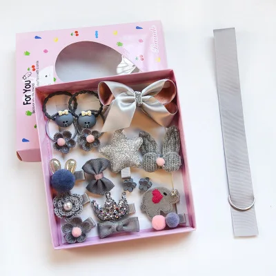 Box-gray 18 шт./компл. Дети Детские украшения для волос заколки Мультяшные Детские Луки заколки с цветком Pom заколки для волос повязка на голову - Цвет: Box-gray