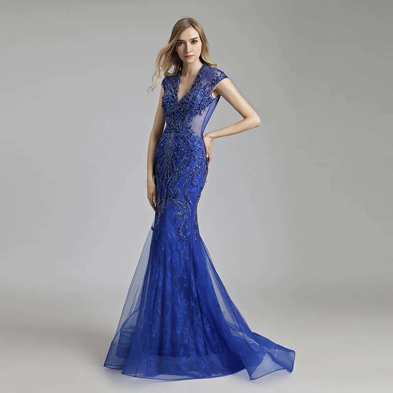 Royal Blue Уникальные блестящие платья знаменитостей Роскошные женские модные платья из тюля Длинные вечерние платья с v-образным вырезом OL430 - Цвет: Royal Blue