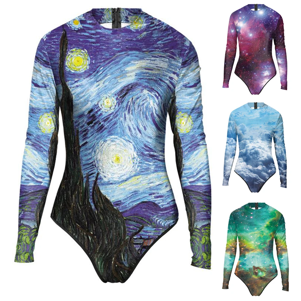 Женский сексуальный купальник с длинным рукавом Galaxy Starry Night Paly Цельный 3D принтом