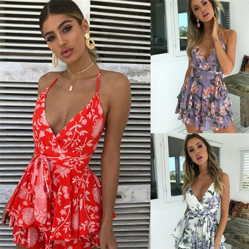 Женские модные комбинезоны с цветочным принтом Boho Летнее вечернее пляжное платье женские свободные удобные бандажные сексуальные комбинезоны с v-образным вырезом
