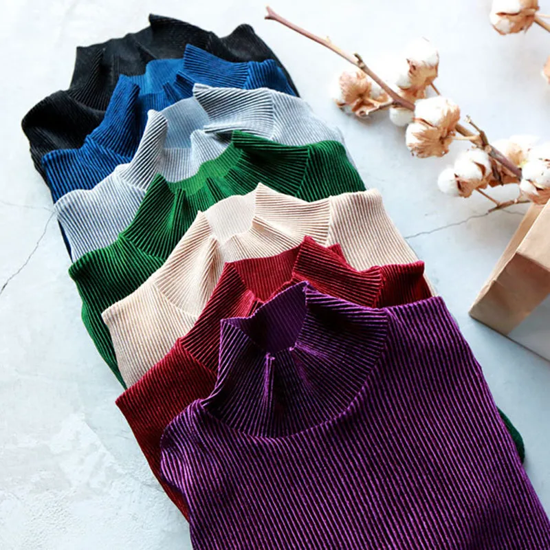

Johnature Autumn New 2021 Solid Color Casual Loose Render Tops For Women 7colors Vintage Pleuche Turtlenck T-Shirts