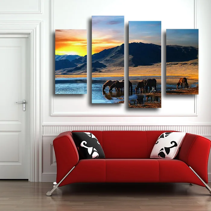 4 Панель Unframed Горная Лошадь Wall Art HD Картина Печатается Живопись Маслом на Холсте