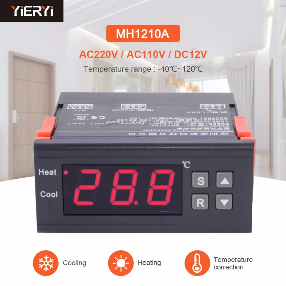 new electronic digital display temperature controller mh1210a dc12v ac110v ac220v portable led thermostat with sensor probe free global shipping