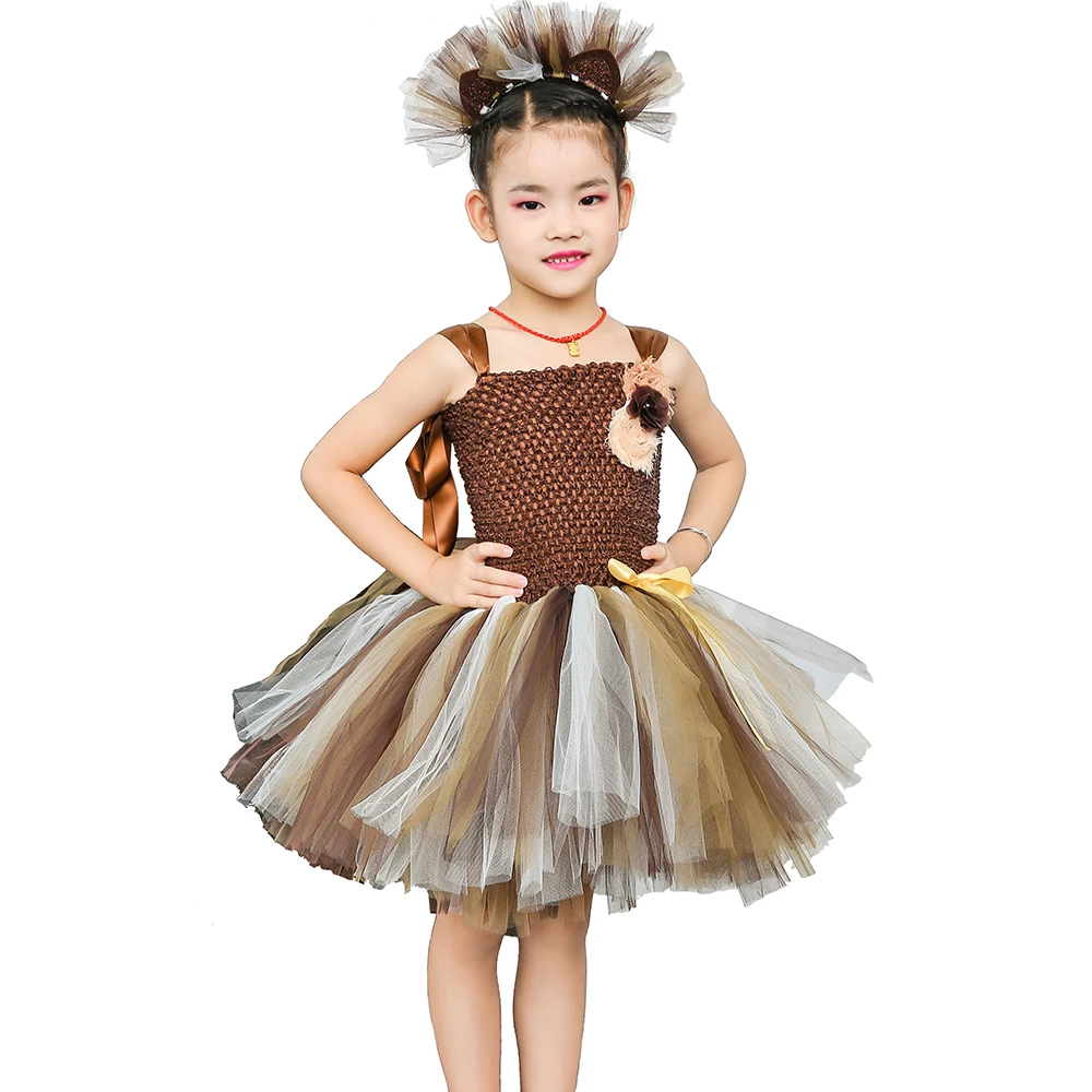 Brown Flower Girls Tutu Dress Children Cosplay Animal Lion Costume Up Fancy Girl Kids Halloween Birthday Party 1-14Y | Детская одежда и