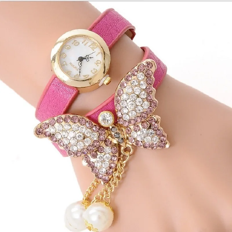 Gnova Платиновый Кристальный ремешок с бабочками женские часы жемчуг шарм браслет