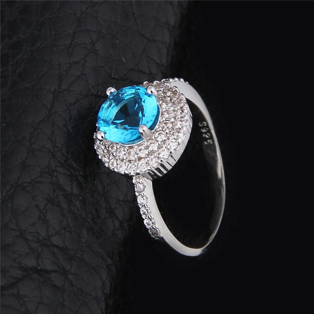 Женское кольцо с круглыми синими кристаллами серебряное винтажное для помолвки