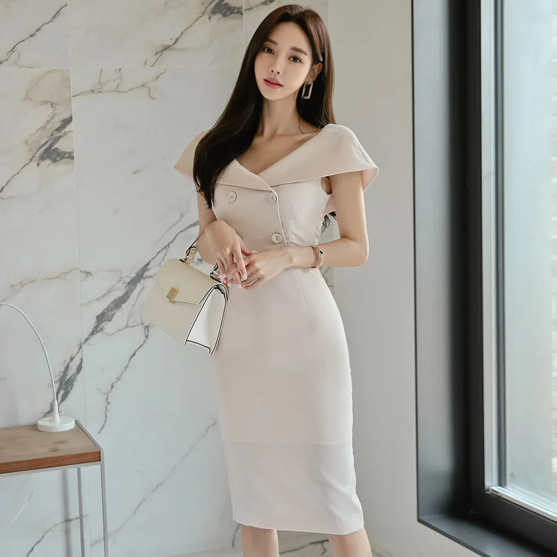 Office Ladies Summer Dress V-neck Front Button Knee-length Women Elegant Slim Waist Female Vestidos robe femme 2019 | Женская одежда