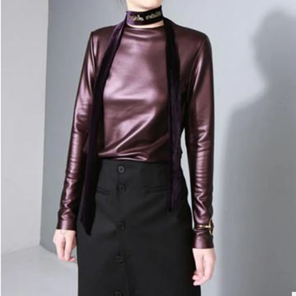 Gothic Black PU T Shirt Women Autumn Top Office Lady Simple Winter Fleece Warm Windbreaker Fashion High Street Casual Shirts | Женская