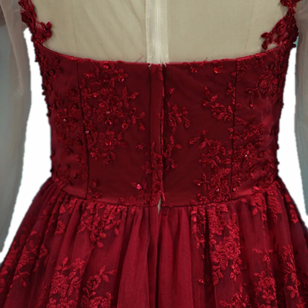 Анти бордовое кружевное вечернее платье с длинным рукавом vestido de festa бусины А-силуэта платье с аппликацией de Soiree Формальное вечернее Вечерние
