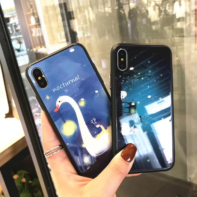Beily Armor Tempered Glass Cover Case for iPhone X Cute Lovely Girl Swan Ultra Thin Shockproof 6 6S 7 8 Plus |