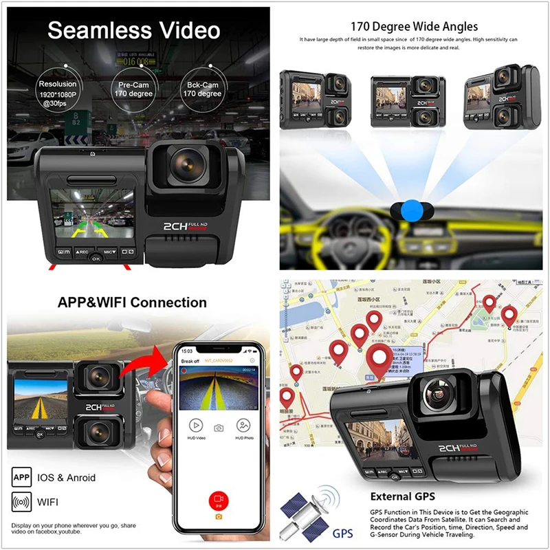JUEFAN двойной видеорегистратор WiFi GPS 1080P передний и задний Автомобильный с 2 0
