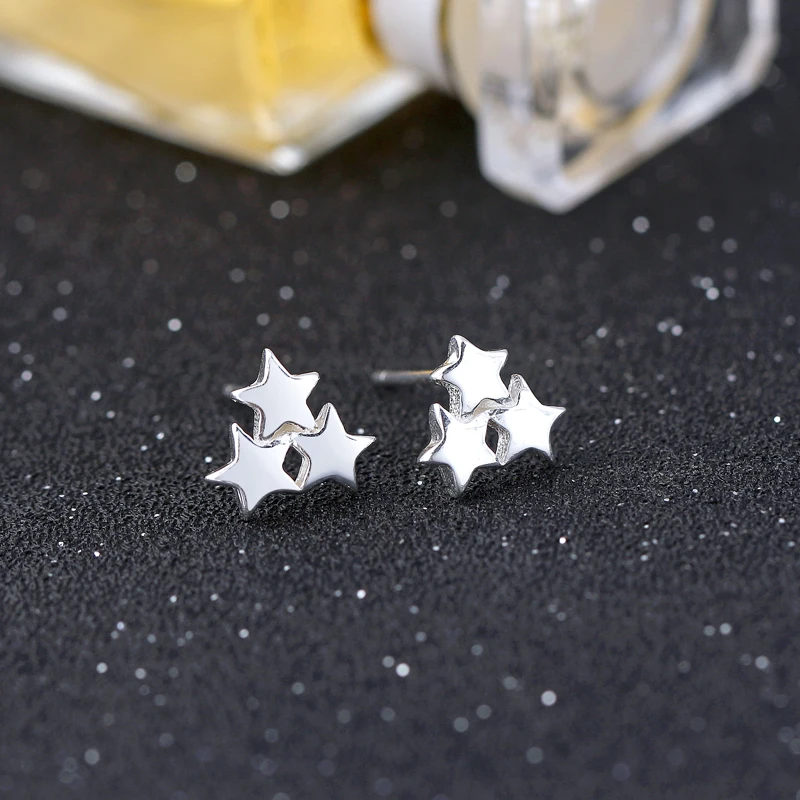Женские серьги-гвоздики из серебра 925 пробы с тремя звездами | Украшения и