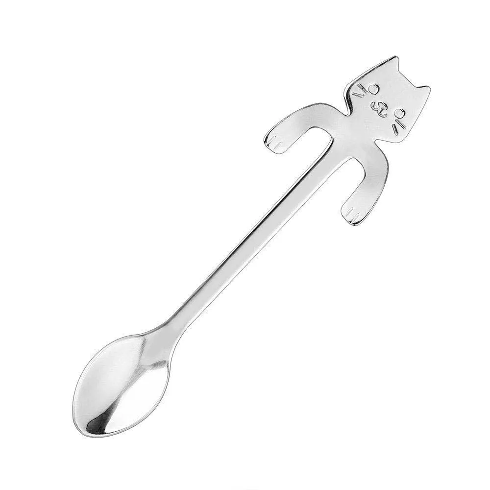 Silver Милые чайные ложки с кошкой из нержавеющей стали, Мультяшные ложки «кошка», креативные десертные ложки с длинной ручкой для мороженого, кофейные и чайные ложки, посуда разных цветов - Цвет: Silver