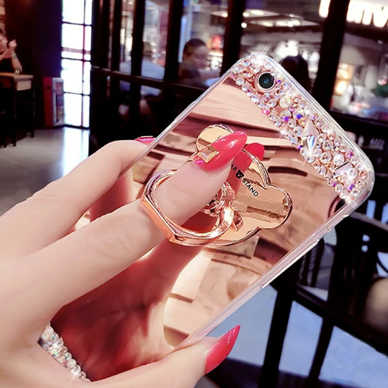 For iPhone 6 6S Case Giltter Rhinestone Mirror Ring Holder Silicon Cover iPhone6 Diamond Finger Grip Stand Capa | Мобильные телефоны