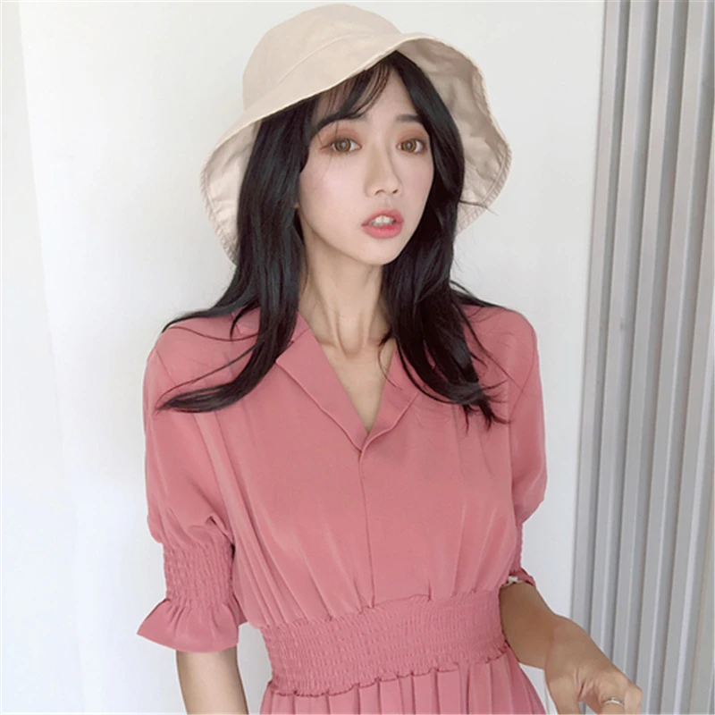 

2018 Summer Solid Turn-down Collar Vacation Dress Women Elegant OL Vintage Cotton Loose Dresses High Quality Long Dress vestido