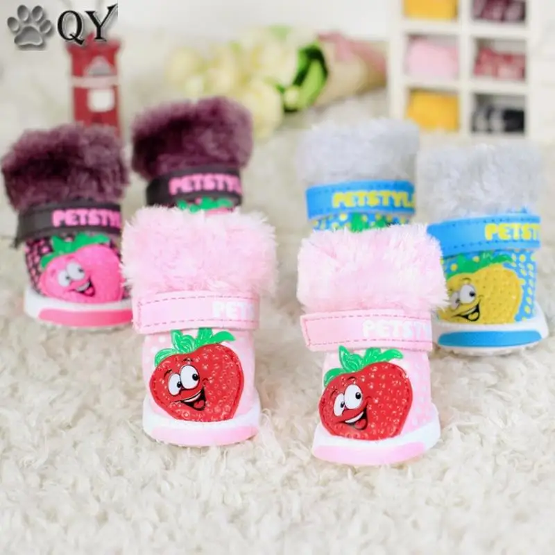 Обувь для собак Сапоги с рисунком клубники Зимняя Теплая чихуахуа щенков Одежда 4