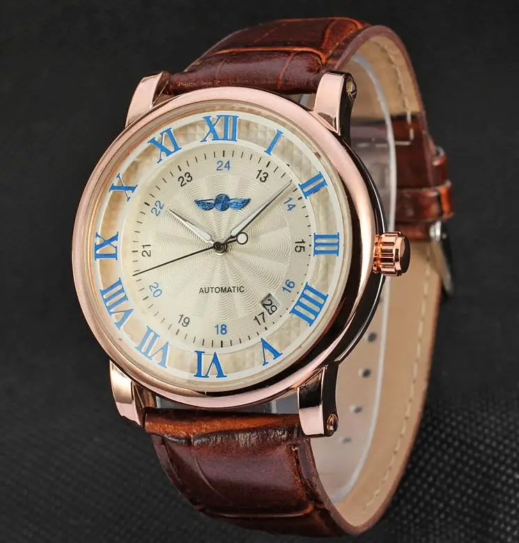 Relogio Relojes новые модные часы из розового золота, автоматические мужские механические часы с кожаным ремешком и датой на день - Цвет: B