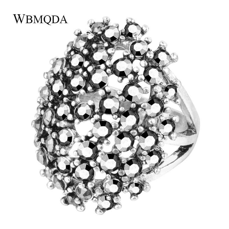 Hot Vintage Bohemian Statement Jewelry Fashion Big Crystal Ring Tibetan Silver Engagement Wedding Rings For Women Accessories