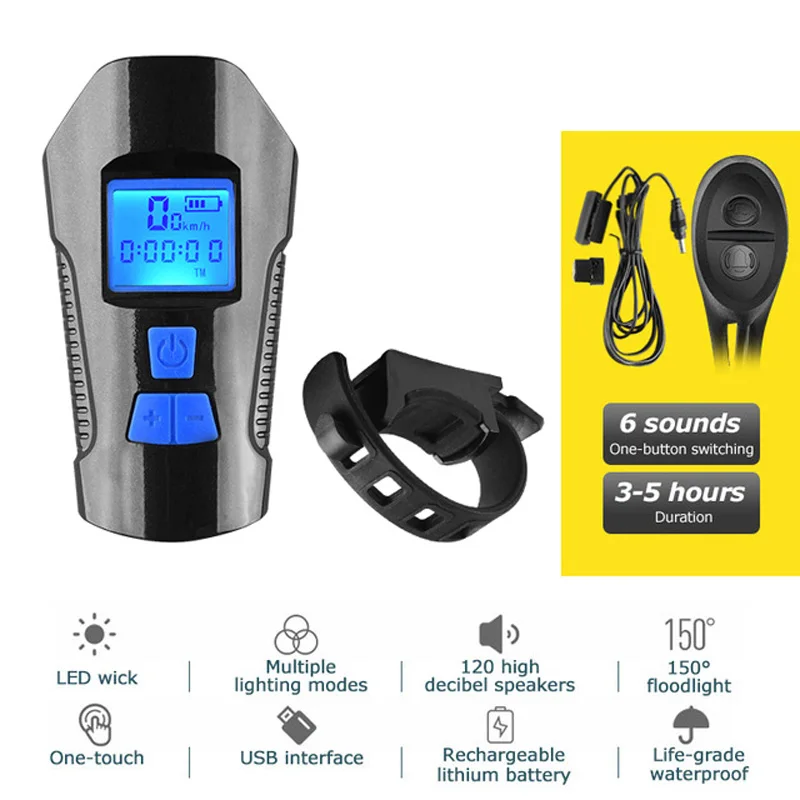 black-blue 4 режима USB велосипедный светильник и велосипедный компьютер 6 режимов Рог вспышка светильник велосипедный Спидометр светодиодный передний светильник s велосипедный головной светильник - Цвет: black-blue