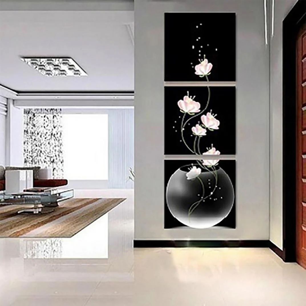 Креативный дизайн 3 панели без рамки ваза с цветком Холст Картина картина стены