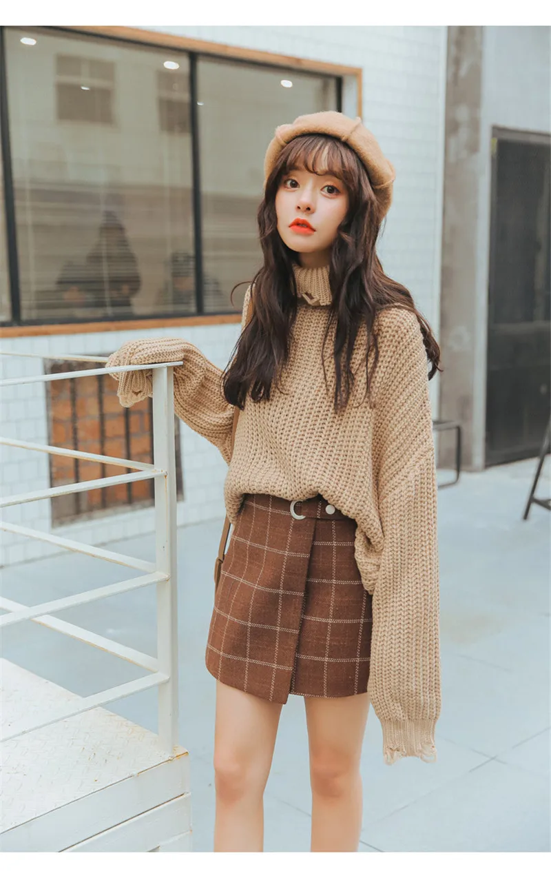 Для женщин Ulzzang осень и зима Harajuku утолщенная шерстяная клетчатая ретро юбка женские милые японские Kawaii юбки для женщин