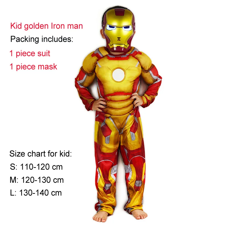 Kid golden ironman Костюм Пурим на Хэллоуин, костюм Человека-паука, Бэтмена, СУПЕРМЕНА для мальчиков, Детский карнавальный костюм супергероя, Мстители, одежда для костюмированной вечеринки - Цвет: Kid golden ironman