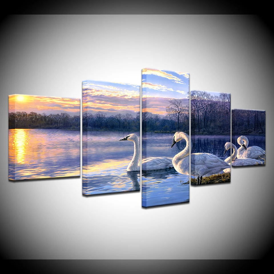 

Modern HD Printed Painting Wall Art Pictures Home Decor 5 Panel Swans River Landscape Decoration Framework Poster Living Room