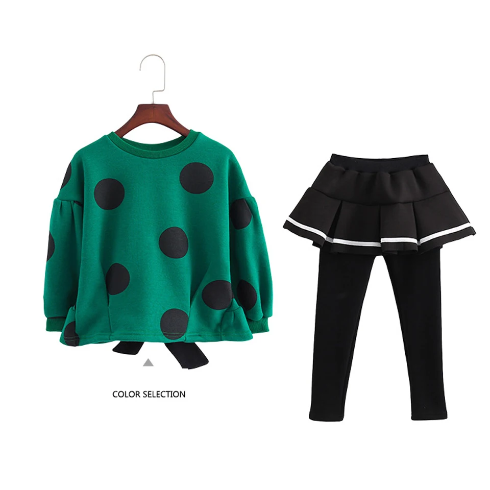 

Children Girls Clothes Spring Autumn Green Dot Shirt + Pants 2 PCS Girls Clothes Set