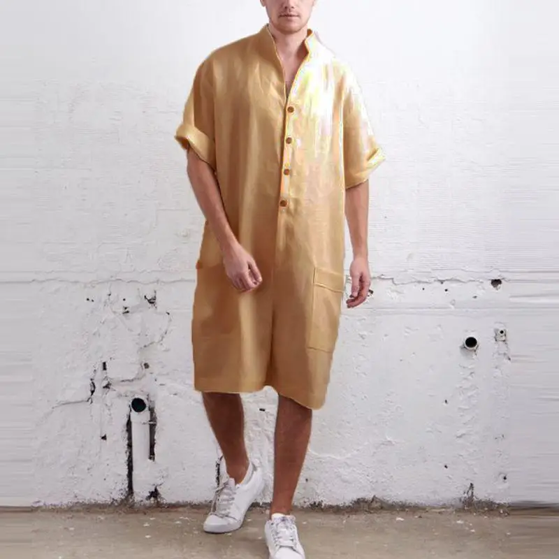 CYSINCOS Summer Loose Men Rompers Cotton Half Sleeve Button Pants Vintage Casual Solid Men Cargo Overalls Jumpsuit Trousers Men