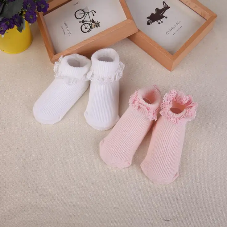 Хлопковые демисезонные однотонные детские носки с цветочным кружевом для