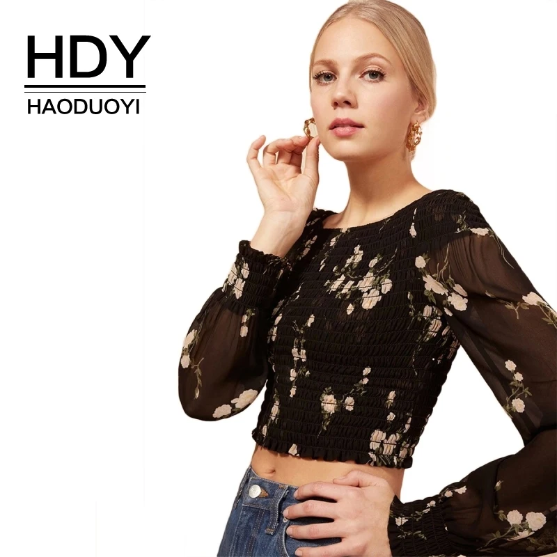 Женская блузка HDY Haoduoyi короткий топ с цветочным принтом вырезом лодочкой и