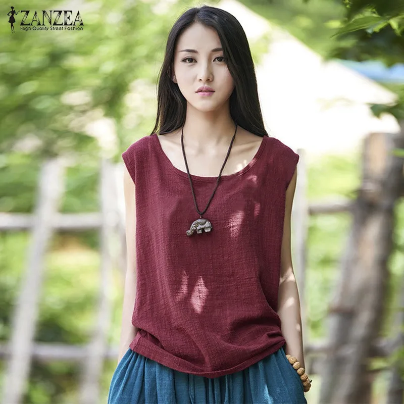 Женская винтажная блузка ZANZEA без рукавов большого размера|blusas femininas|sleeveless blousecotton